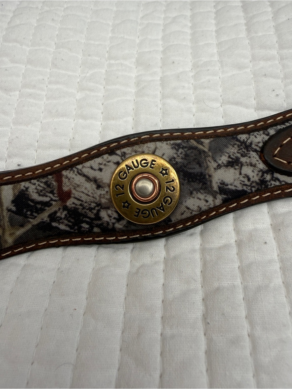 12 Gauge Shotgun Shell Snap Leather Belt - Brown Camouflage